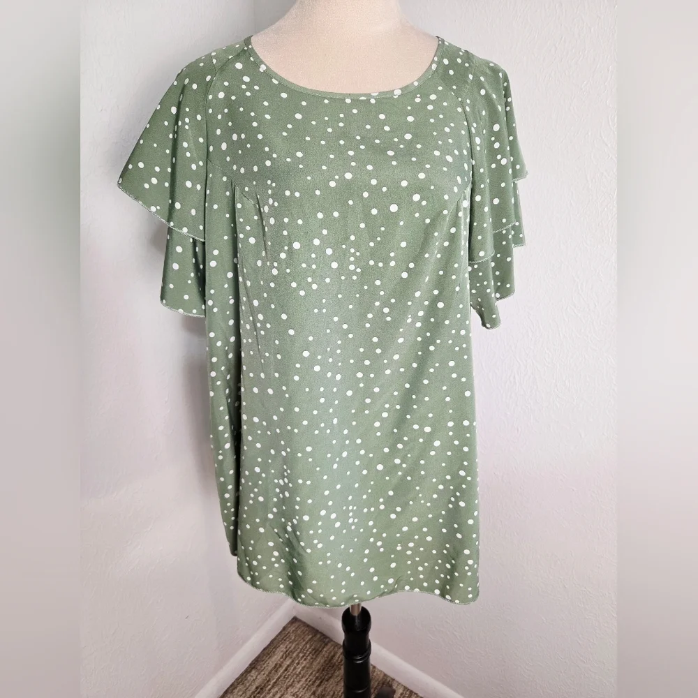 Sage Polka & White Polka-Dot Top, Ruffled, Layered Short Bell Sleeves, Size 1X